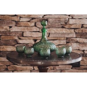 Italian Empoli Green Glass Decanter Set | Mid Century Entertaining Barware